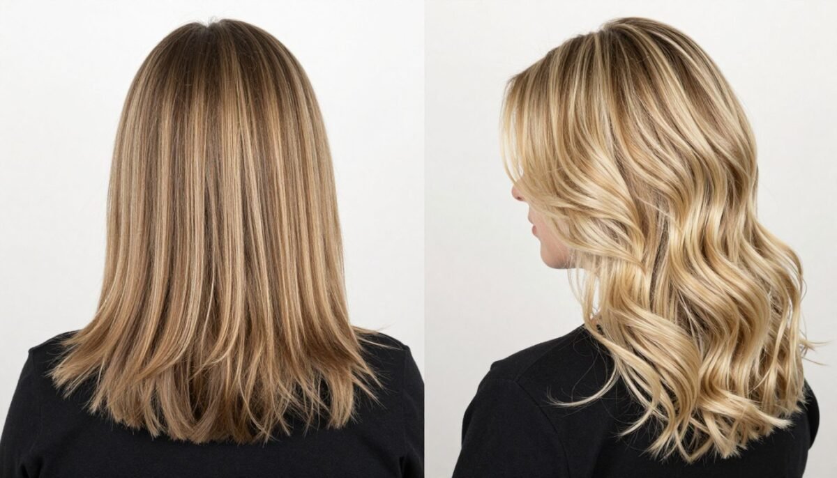 Before and after transformation of thin fine shoulder length hair with volume