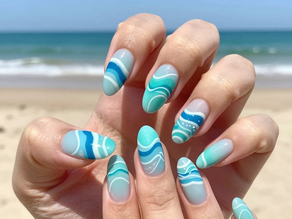 Blue and white swirl nails mimicking ocean waves