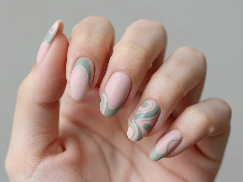 Blush pink and sage green swirl nail design with matte finish