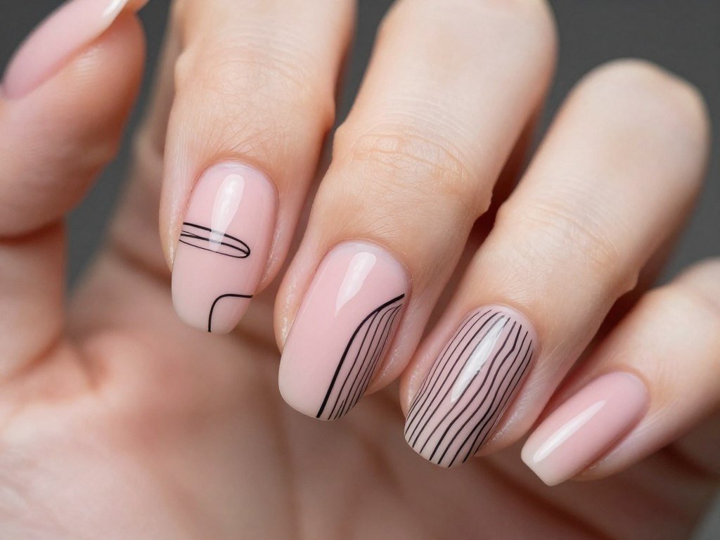 Blush pink nails with delicate black line art in abstract geometric patterns