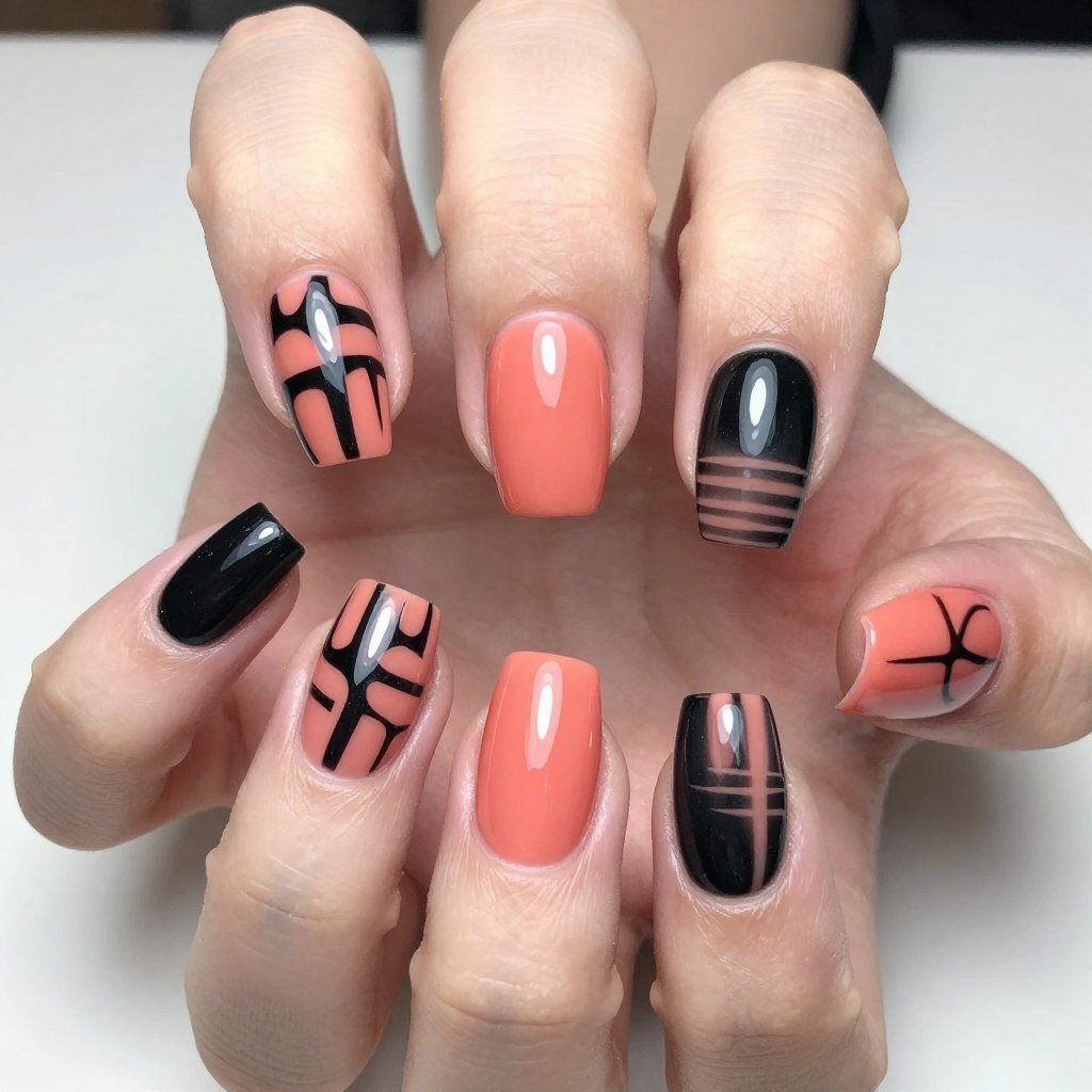 Bold coral and black nail design