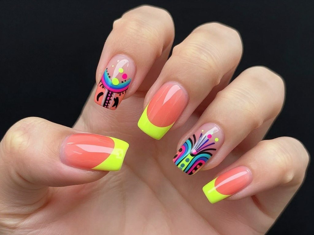 Bold festival coral nails with neon accents