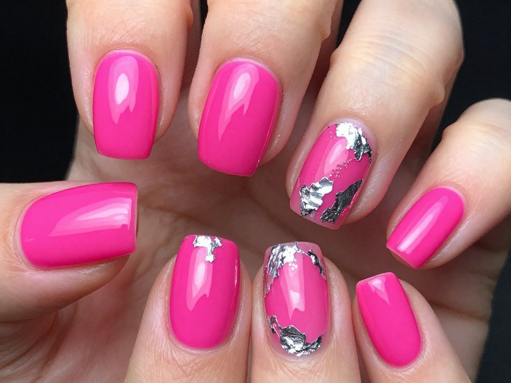 Bold short summer nails in bright magenta with silver foil accent creating statement look