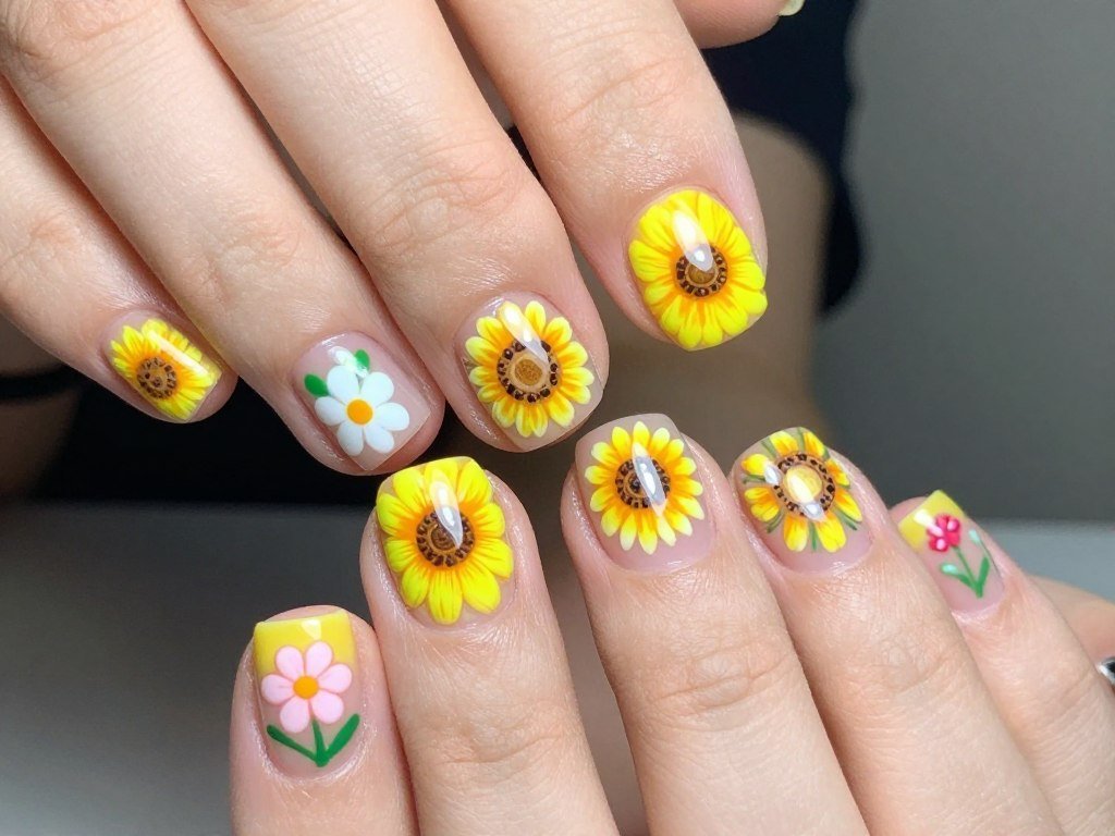 Bold sunflower nail art design on summer pedicure