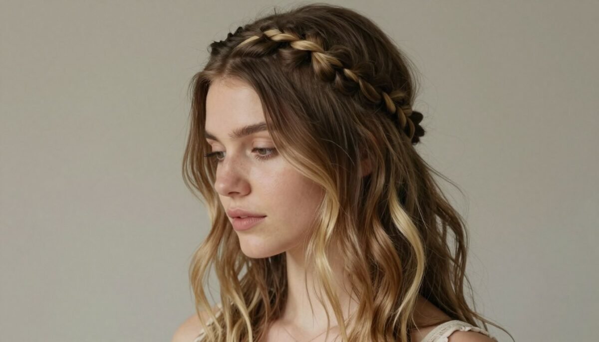 Braided crown with loose ends on thin shoulder length hair