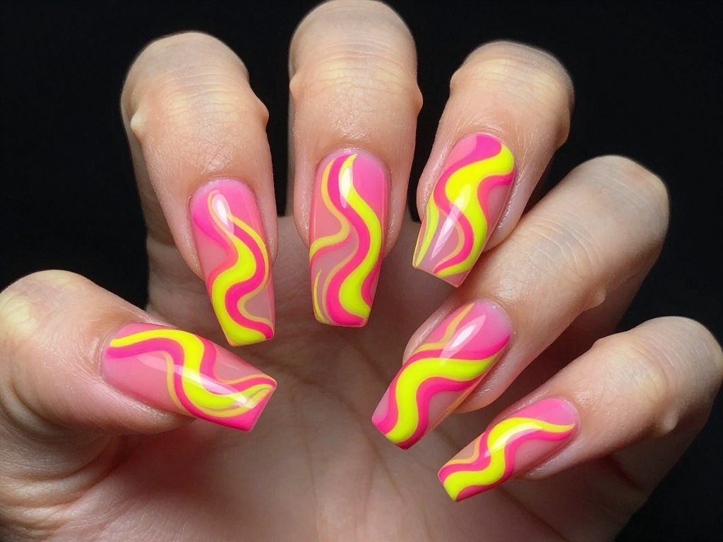 Bright neon pink and yellow swirl nail art with glossy finish