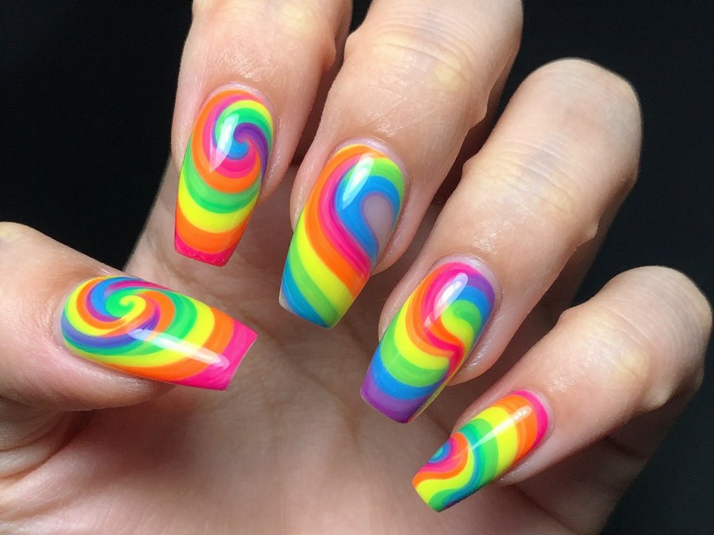 Bright neon rainbow swirl nail art with intense colors