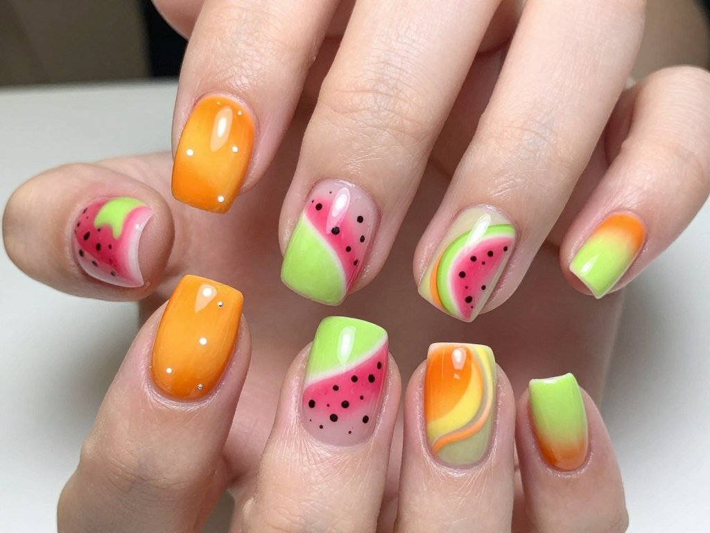 Bright tropical fruit colored swirl nail design