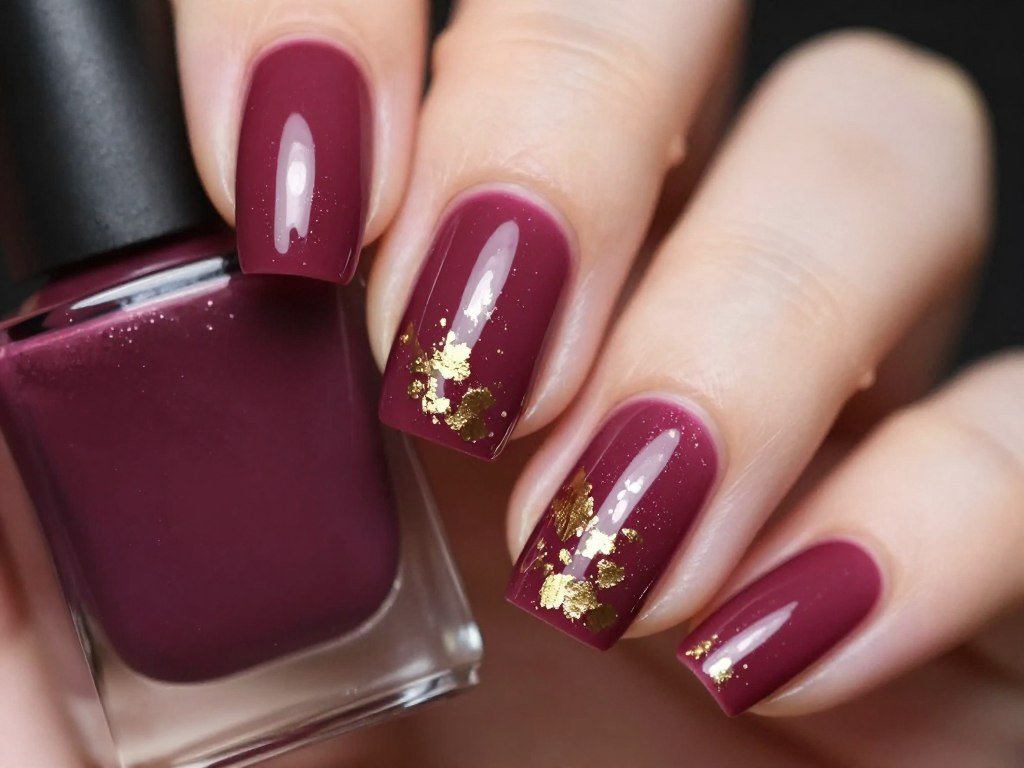 Burgundy-pink nails with gold leaf accents creating luxurious fall nail art