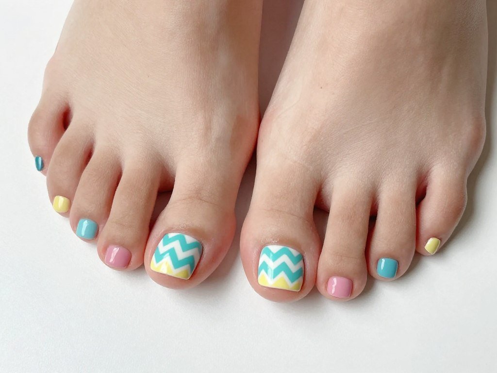 Chevron pattern nail art on trendy summer toe nails
