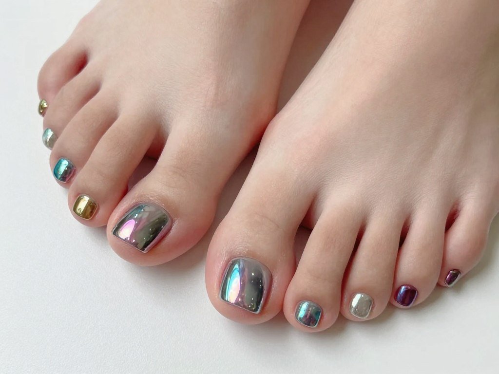 Chrome metallic trend on futuristic summer toe nail design