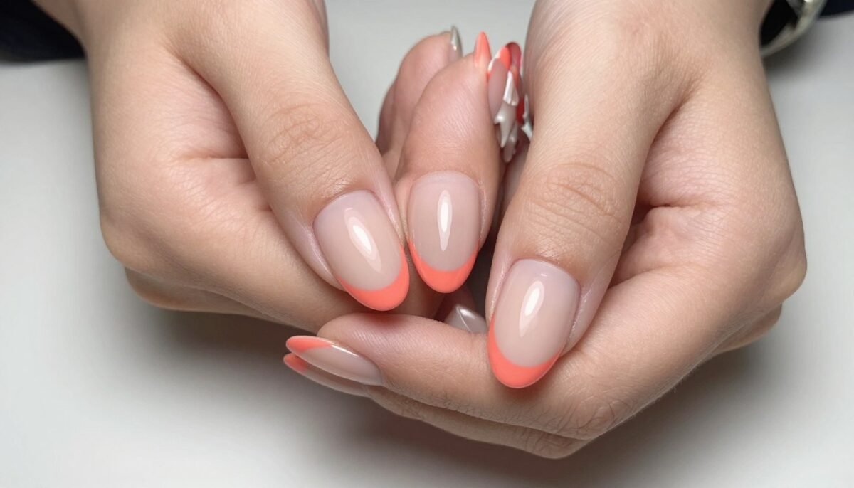 Classic coral French tips on neutral base Classic coral French tips on neutral base