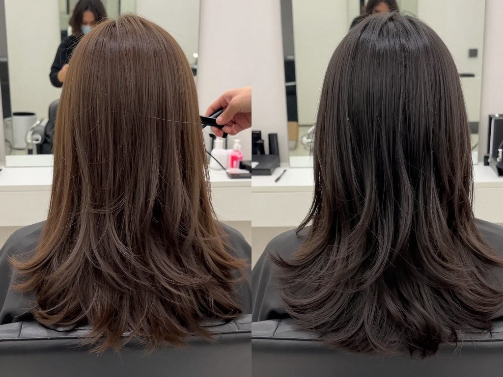 Close-up demonstration of layered haircut technique showing different hair lengths creating dimension