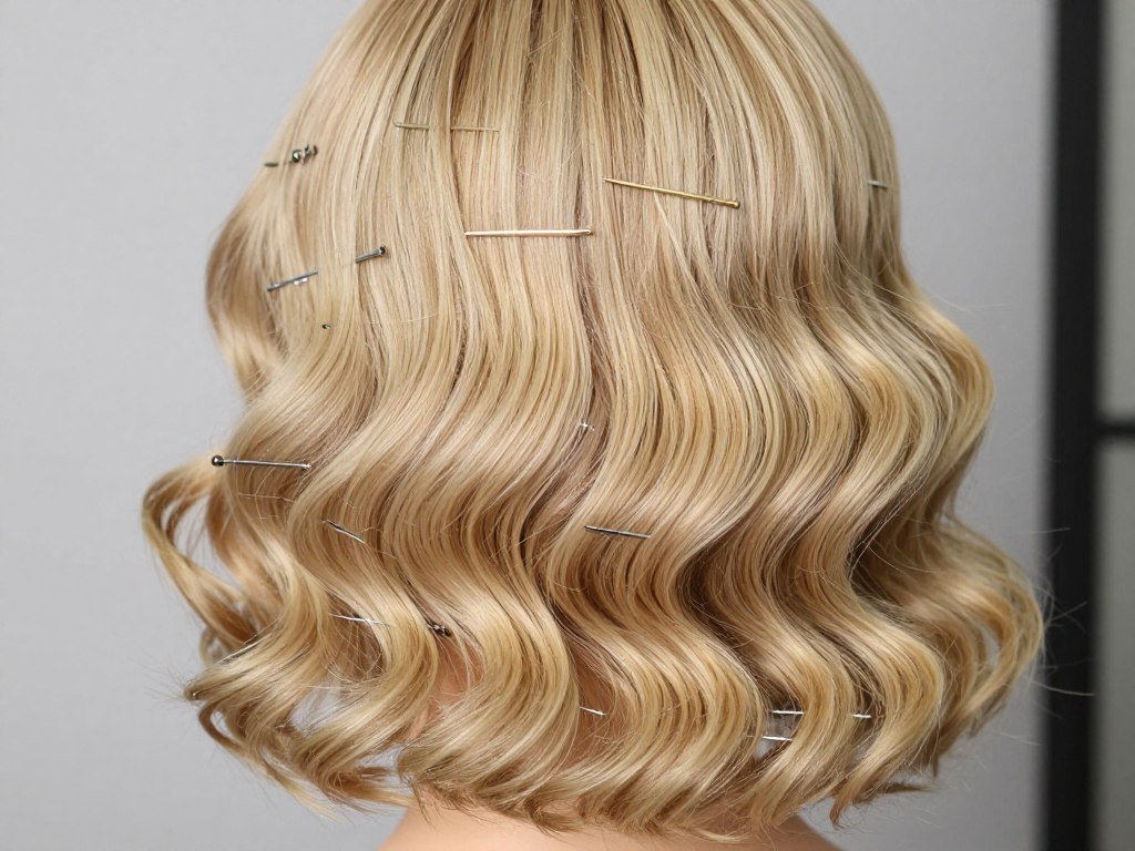 Close up of Hollywood wave technique on thin hair
