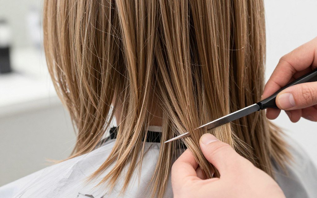 Close-up of feathered layers in shag haircut showing technique