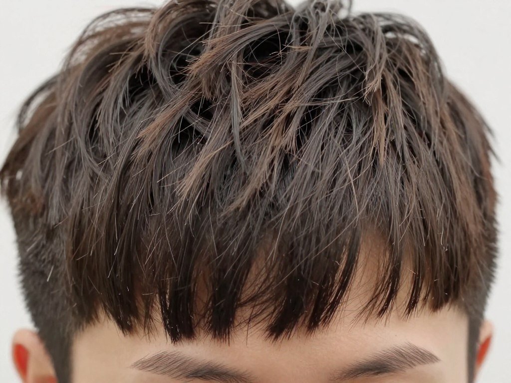 Close-up of textured fringe in pixie cut