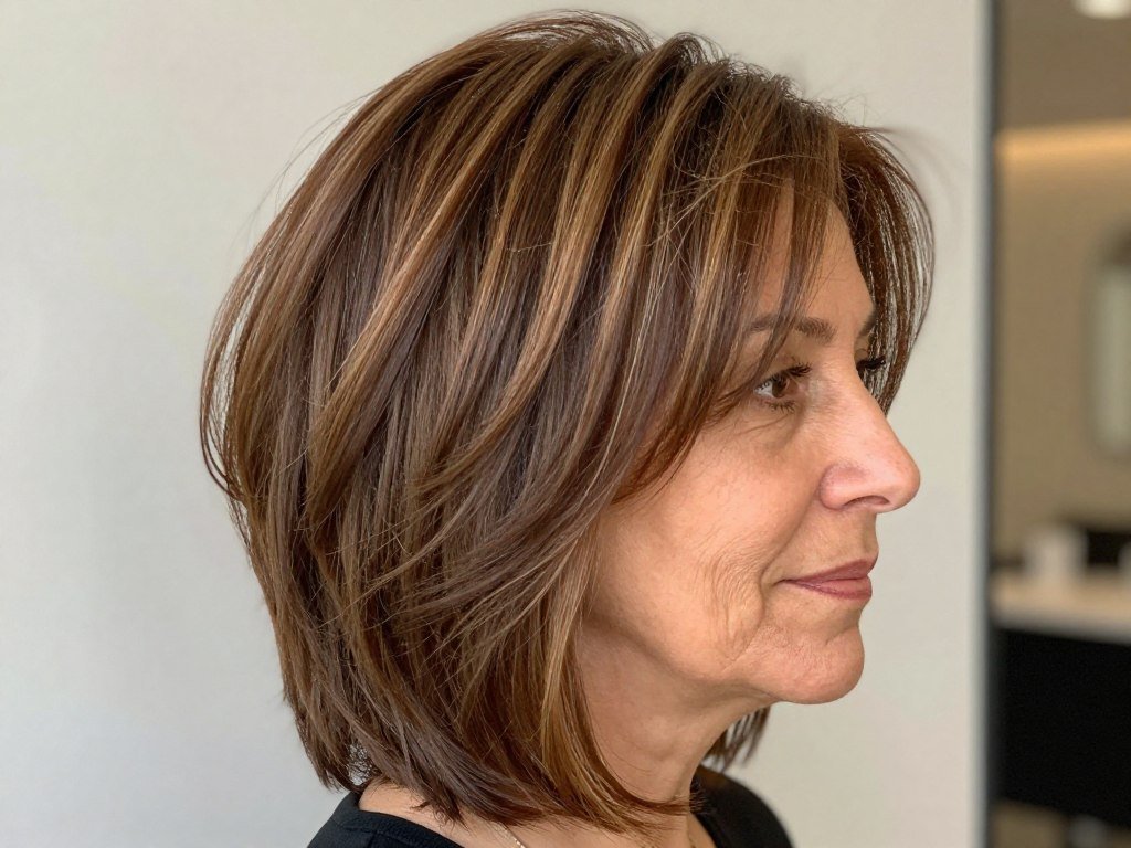 Collar length shag haircut with heavy face-framing layers for women over 50