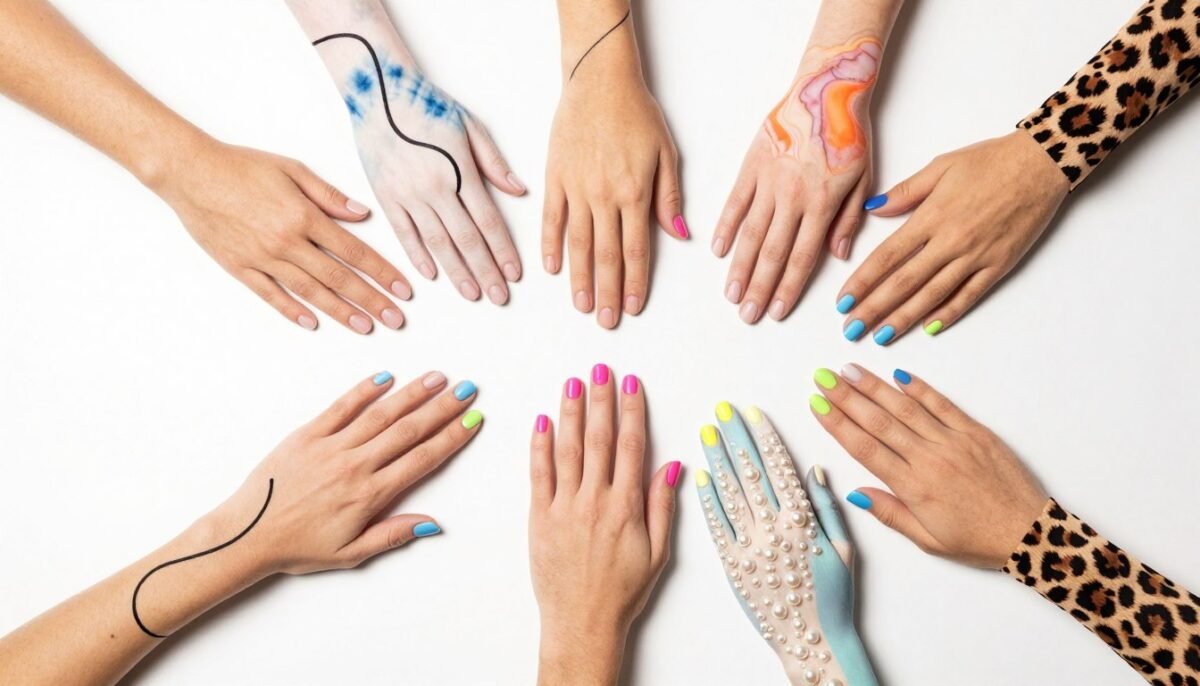 Collection of eight trendy modern gel nail designs
