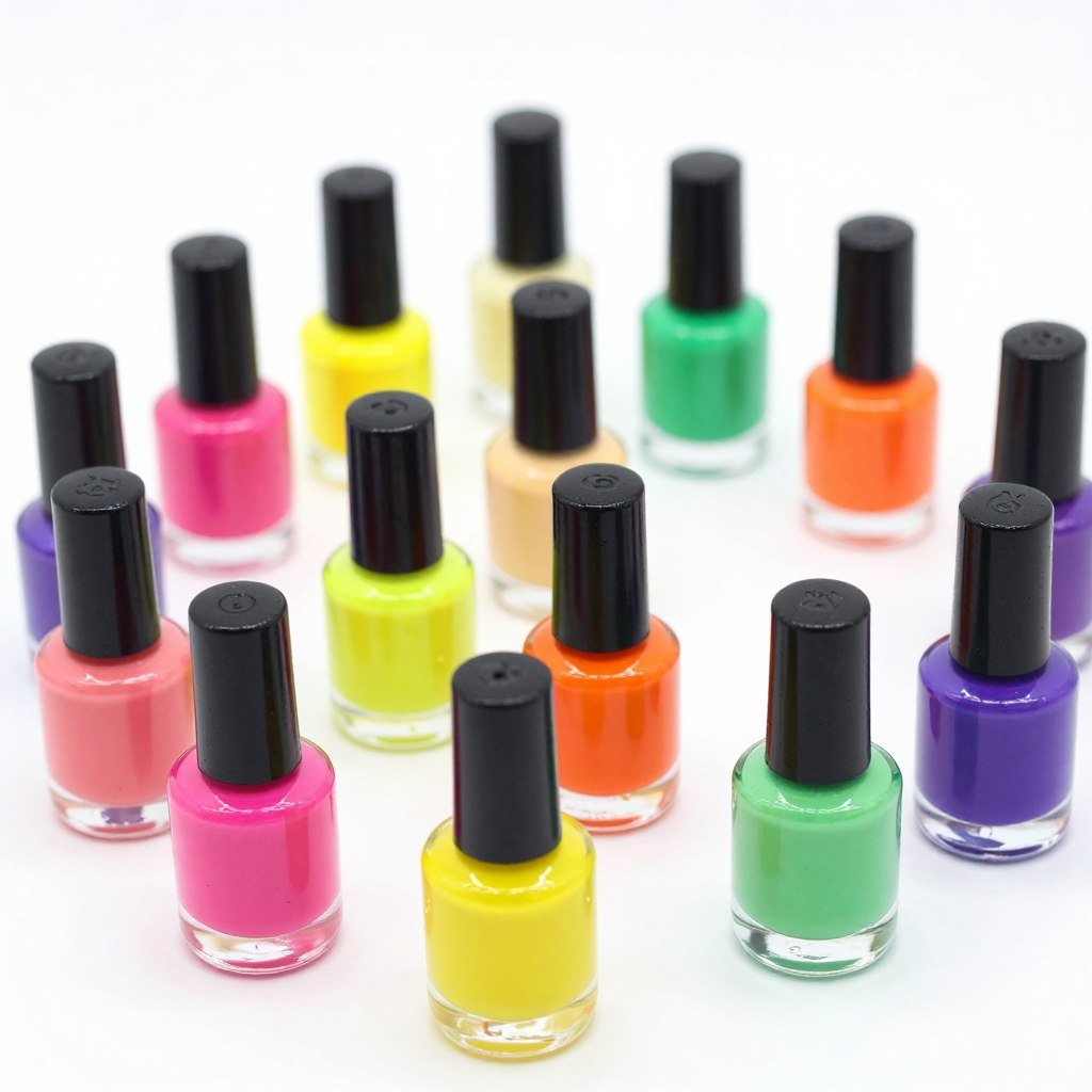 Collection of neon nail polish bottles for summer swirl designs