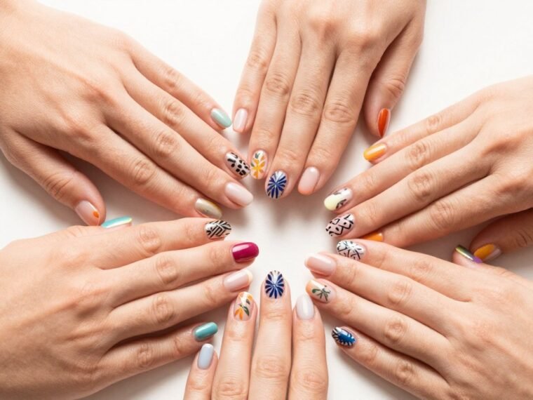 Collection of short summer gel nail designs featuring vibrant colors and artistic patterns