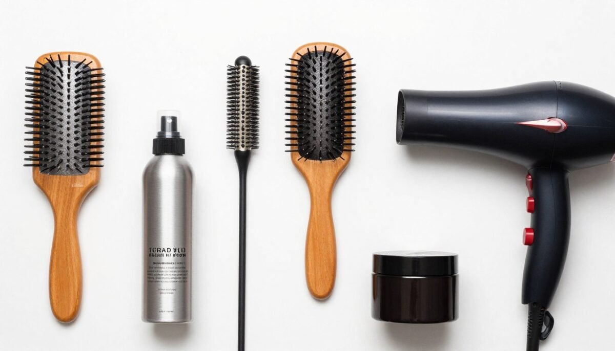 Collection of styling tools and products for layered hair