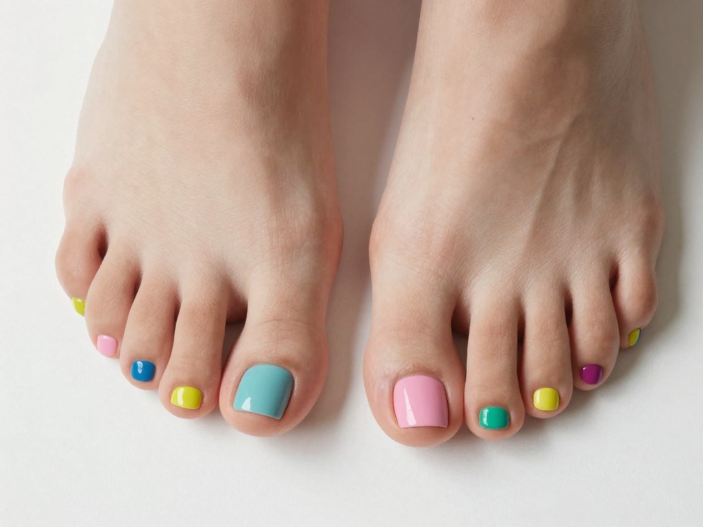 Color block geometric nail art on modern summer pedicure