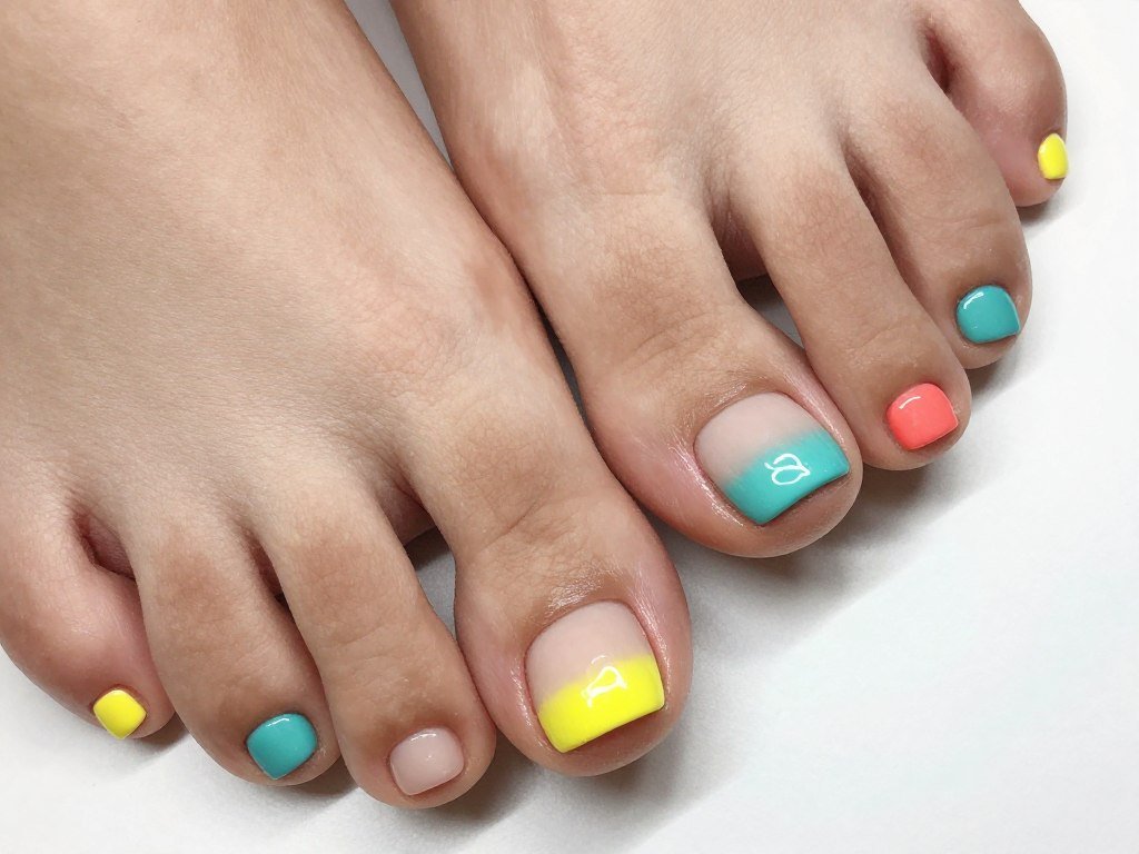 Colorful French tip pedicure with bright summer shades