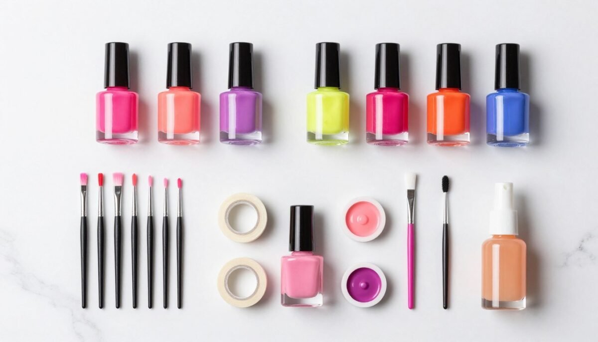 Complete neon nail kit with polishes, tools, and accessories arranged together Complete neon nail kit with polishes, tools, and accessories arranged together
