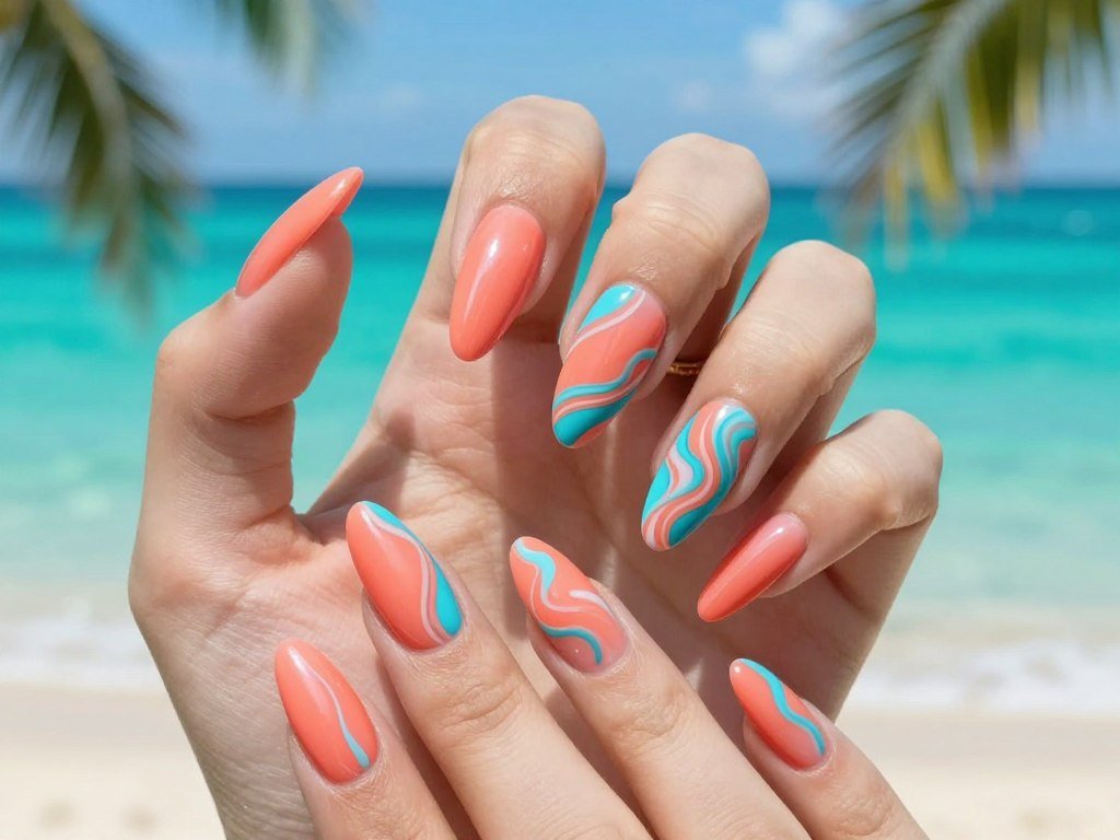 Coral and aqua blue swirl nail design with tropical vibes