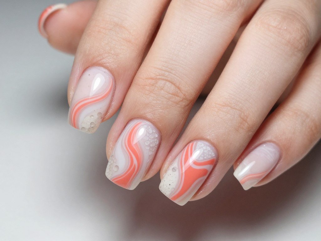 Coral and marble accent nail design