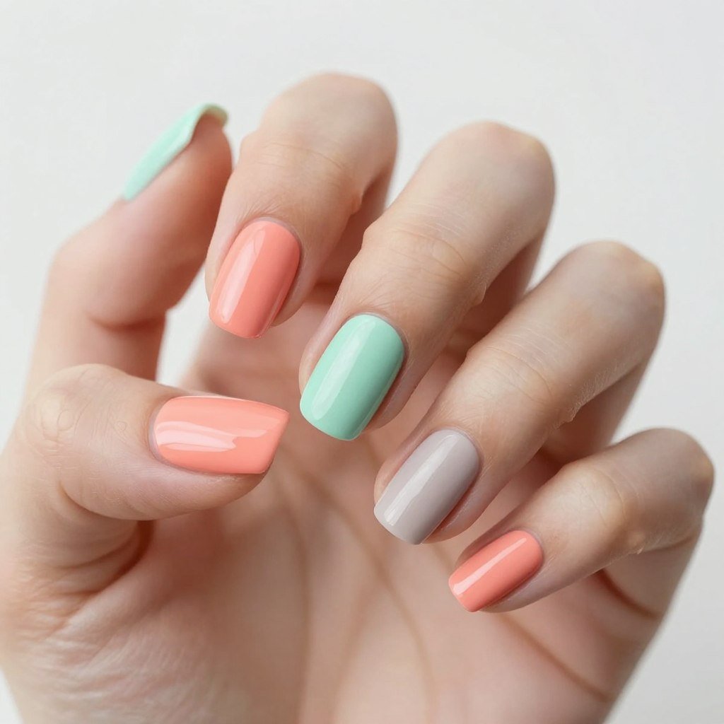 Coral and mint green combination nails