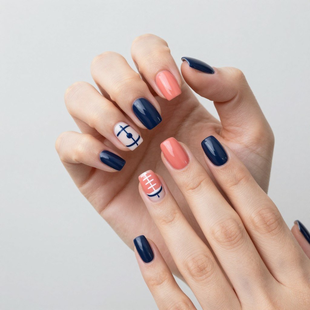 Coral and navy blue nail design