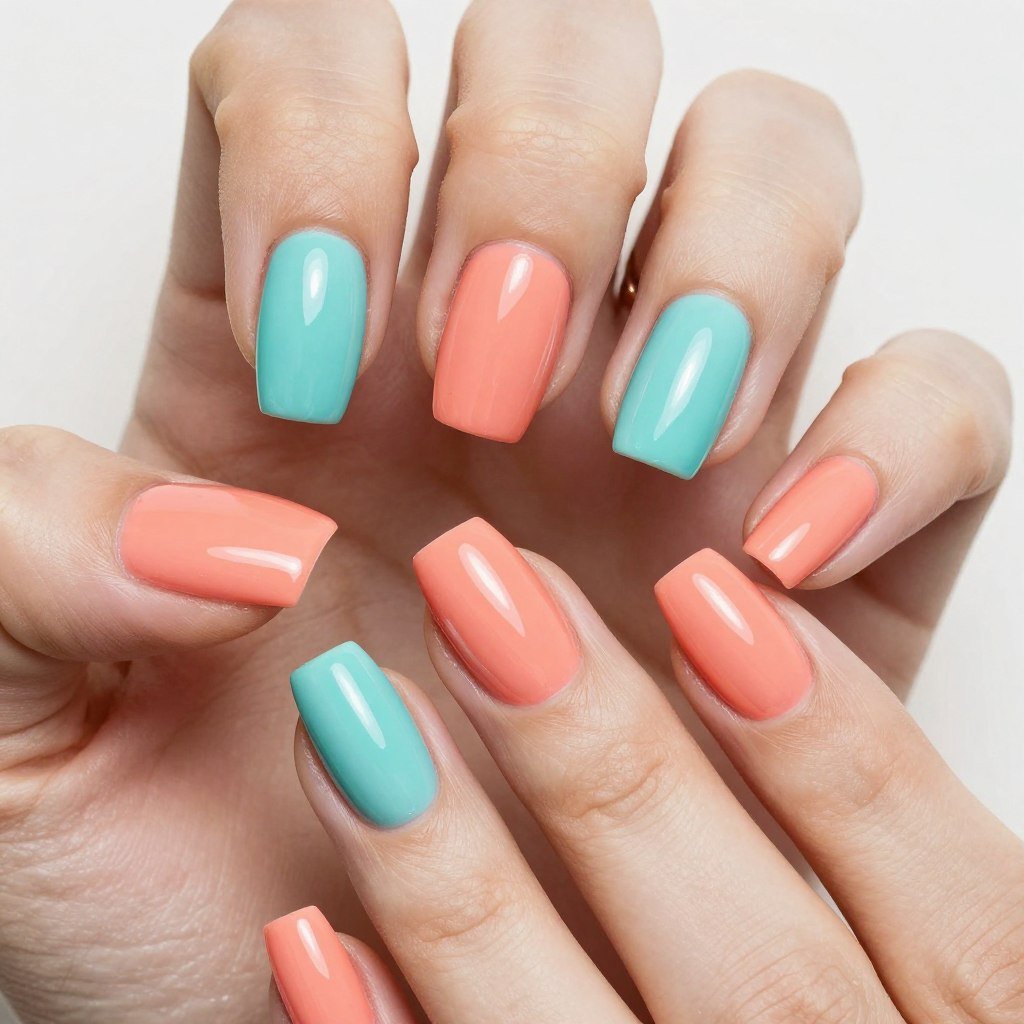 Coral and turquoise nail color combination