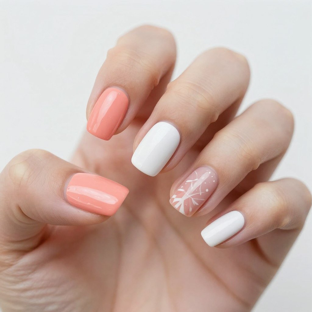 Coral and white nail art design