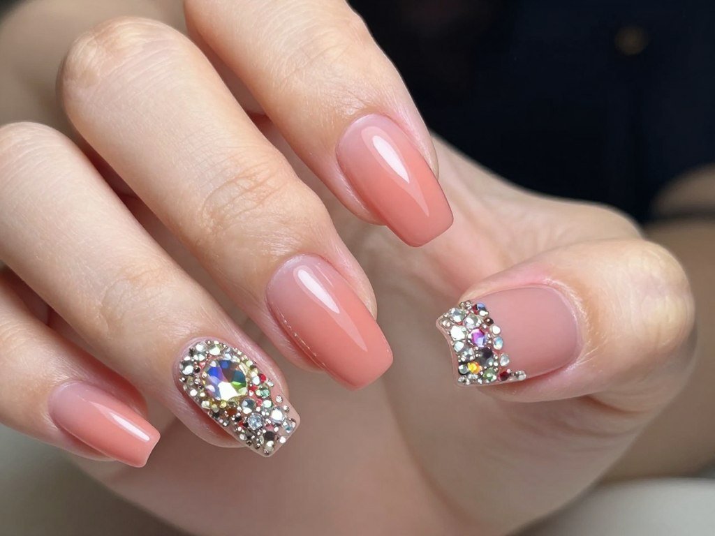 Coral nails with gemstone accent nail