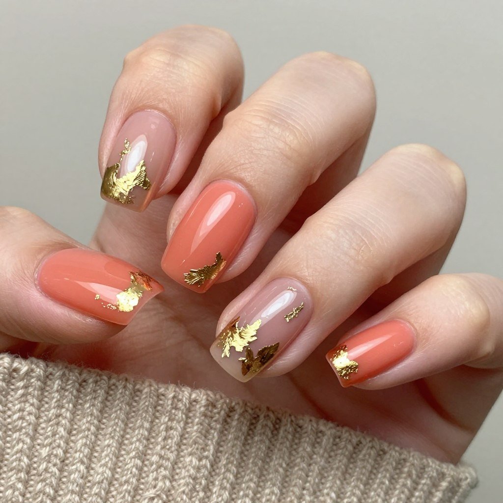Coral nails with gold accents