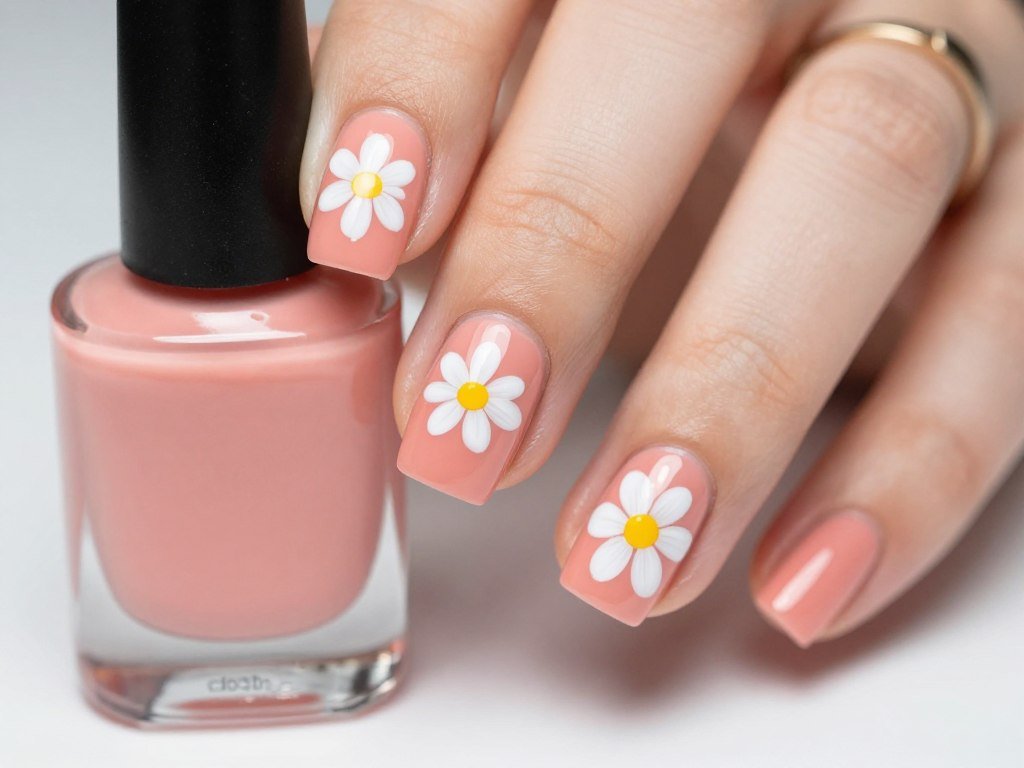 Coral nails with white daisy nail art