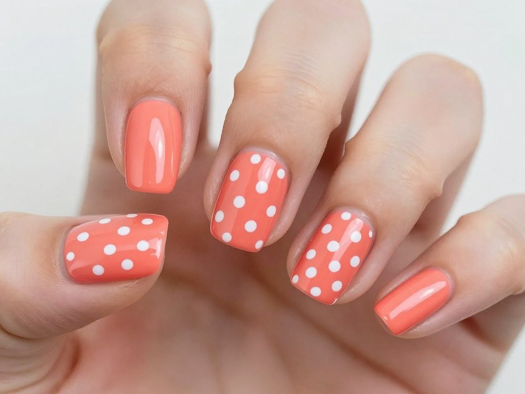 Coral nails with white polka dot accent