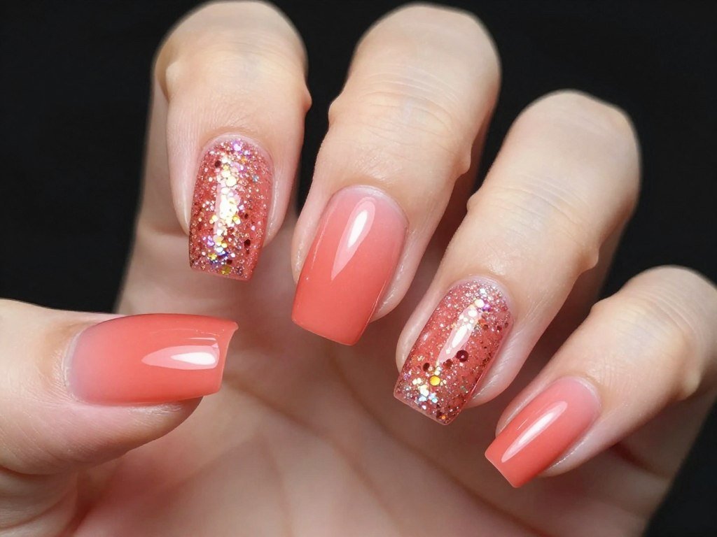 Coral ombre with glitter gradient tips