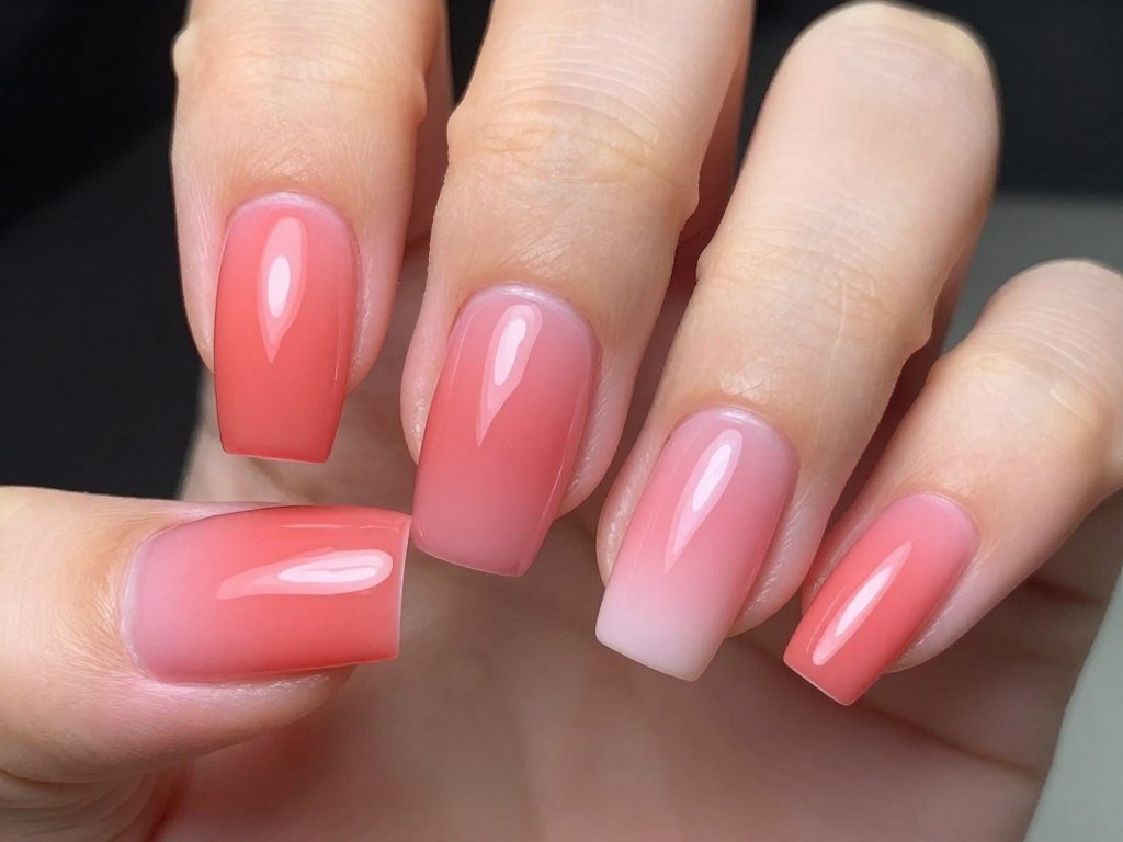Coral to pink ombre gradient nails