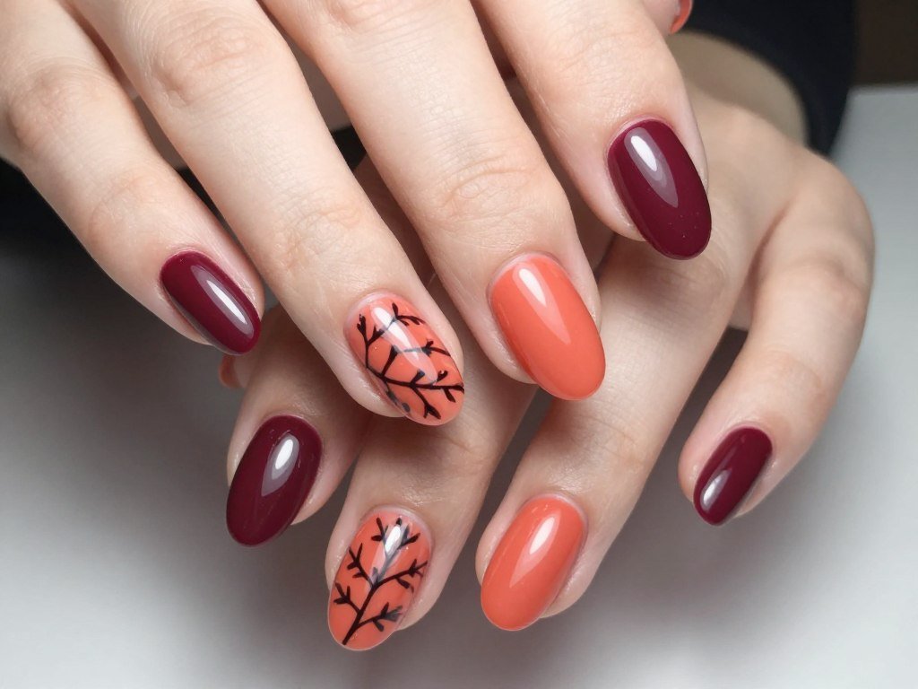 Coral with burgundy accent fall nails