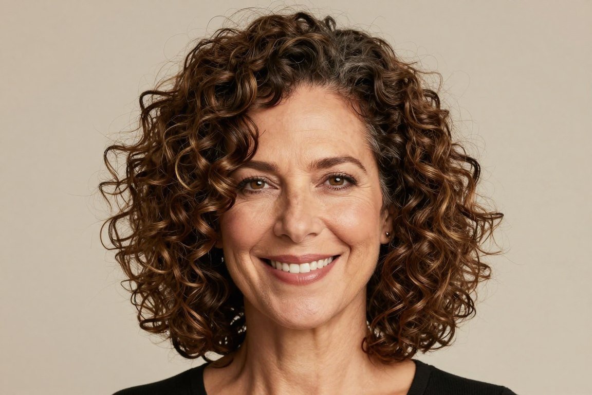 Curly layered bob showing natural curl definition and volume