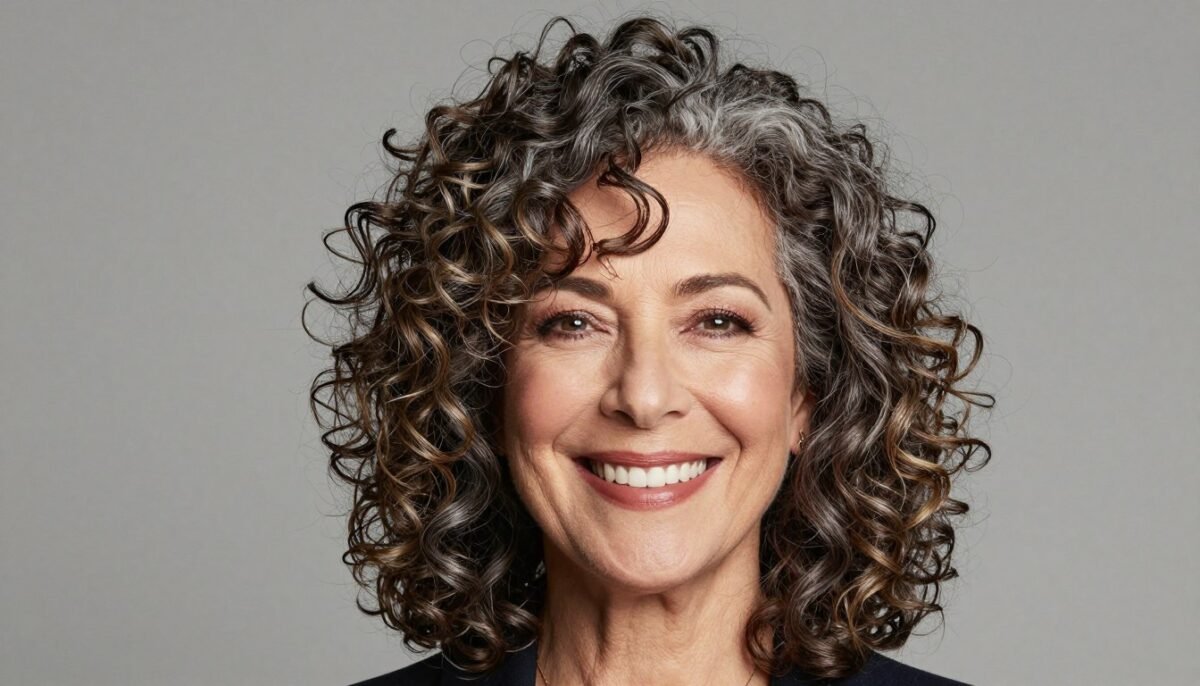 Curly layered haircut with volume at crown on woman over 60