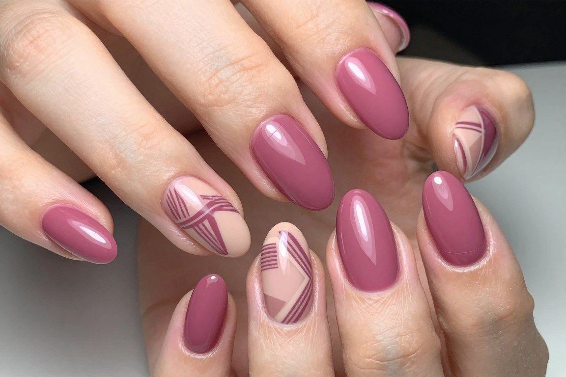 Deep rose nails with nude geometric pattern designs