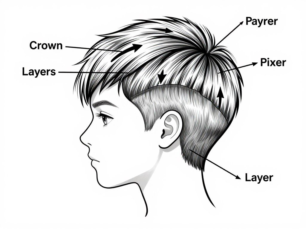 Diagram showing pixie cut sections and layers for thin fine hair