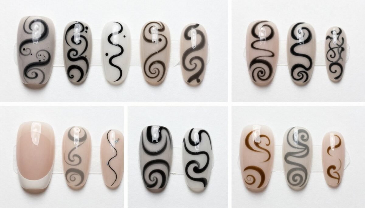 Different swirl pattern techniques shown on practice nails Different swirl pattern techniques shown on practice nails