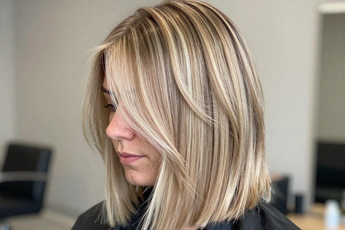 Dimensional highlights on thin fine shoulder length hair for fullness