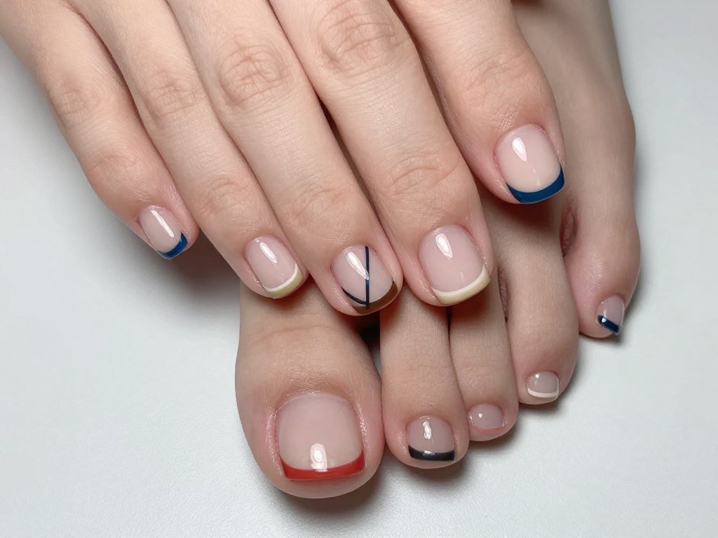 Double French tip line design on sophisticated summer pedicure