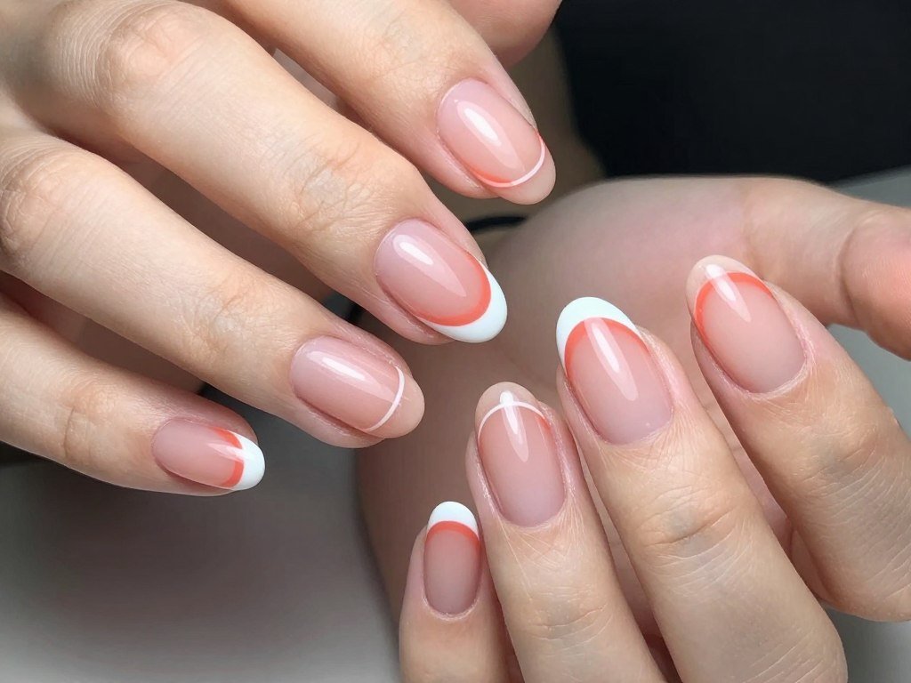 Double French tips with coral and white