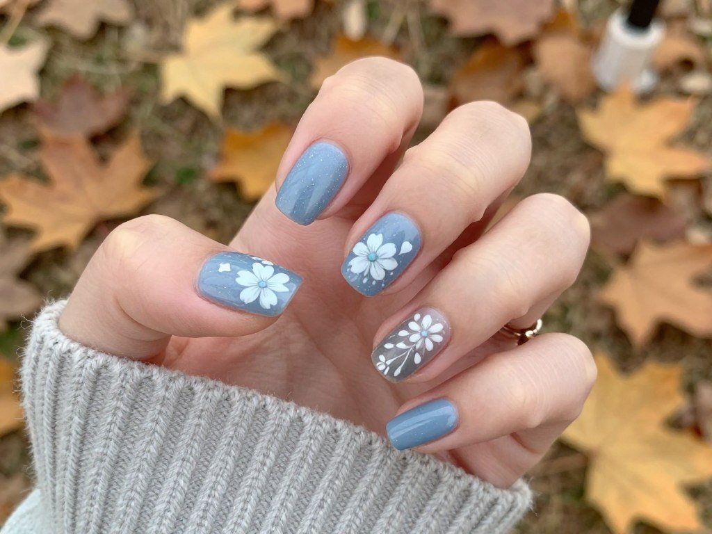 Dusty blue fall nail art with floral accents